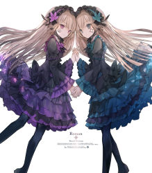 Rule 34 | 2girls, black legwear, blonde hair, blue eyes, cierra (ra-bit), closed mouth, commentary request, copyright name, facial tattoo, frilled hairband, frilled skirt, frills, hairband, holding hands, hortense (sound horizon), interlocked fingers, lolita fashion, lolita hairband, long hair, long sleeves, looking at viewer, multiple girls, pantyhose, purple eyes, ribbon, roman (sound horizon), simple background, skirt, sound horizon, tattoo, violette (sound horizon), white background, wide sleeves