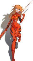 Rule 34 | 1girl, :&gt;, artist request, blue eyes, bodysuit, breasts, brown hair, clenched hand, closed mouth, curvy, feet out of frame, full body, holding, holding weapon, lance, lance of longinus (evangelion), long hair, neon genesis evangelion, pilot suit, plugsuit, polearm, red bodysuit, shiny clothes, simple background, smile, solo, souryuu asuka langley, very long hair, weapon, wide hips