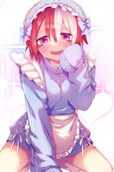 Rule 34 | 1girl, alternate costume, apron, bags under eyes, blue hairband, blue jacket, blue ribbon, doshole, dot nose, frilled hairband, frills, hair between eyes, hairband, hand on floor, heart, highres, jacket, jersey maid, light blush, lolita hairband, looking at viewer, made in abyss, maid, open mouth, red eyes, red hair, ribbon, short hair, sitting, sleeves past fingers, sleeves past wrists, solo, sweat, track jacket, unconventional maid, vueko, wariza, wavy mouth, white apron, white background, white hair, white ribbon, zipper