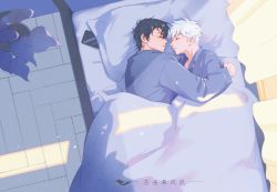 Rule 34 | 2boys, absurdres, artist name, bed, black hair, blue shirt, cheng xiaoshi, chinese commentary, closed mouth, commentary, curtains, closed eyes, highres, indoors, long sleeves, lu guang, lying, male focus, multiple boys, on side, phone, pillow, plant, potted plant, shiguang dailiren, shirt, short hair, sleeping, sunlight, under covers, white hair, yanque mu honghu, yaoi