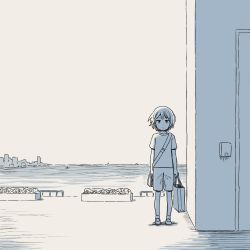 Rule 34 | 1girl, bag, closed mouth, commentary, expressionless, full body, greyscale, horizon, looking at viewer, monochrome, muji (uimss), ocean, original, outdoors, railing, shirt, shopping bag, short hair, short sleeves, shorts, shoulder bag, skyline, solo, standing