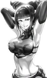 Rule 34 | 1girl, armpits, arms behind head, arms up, blunt bangs, breasts, chinese clothes, drill hair, dudou, evil smile, greyscale, halterneck, han juri, looking at viewer, monochrome, navel, oetaro, simple background, smile, solo, street fighter, street fighter iv (series), twin drills, upper body, white background
