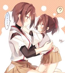 Rule 34 | ..., 10s, 2girls, ?, artist name, brown eyes, brown hair, food, hands on another&#039;s face, hyuuga (kancolle), ise (kancolle), japanese clothes, jpeg artifacts, kantai collection, multiple girls, one-hour drawing challenge, pocky, pocky day, polka dot, polka dot background, ponytail, short hair, signature, spoken ellipsis, spoken question mark, toosaka asagi, aged down