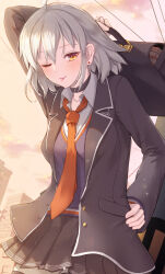 Rule 34 | 1girl, ahoge, black jacket, blush, breasts, fate/grand order, fate (series), grey hair, highres, jacket, jeanne d&#039;arc alter (avenger) (fate), jeanne d&#039;arc alter (fate), large breasts, long sleeves, looking at viewer, necktie, okina (805197), school uniform, short hair, sitting, skirt, smile, solo, tongue, tongue out, window, yellow eyes