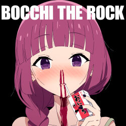 Rule 34 | 1girl, album cover redraw, alcohol carton, andrew wk, black background, blood, blunt bangs, blush, bocchi the rock!, braid, commentary, copyright name, derivative work, drinking straw, drinking straw in mouth, earrings, excessive nosebleed, fang, goumonsha, hair over shoulder, highres, hiroi kikuri, holding carton, i get wet, jewelry, long hair, looking at viewer, nose blush, nosebleed, open mouth, portrait, purple eyes, purple hair, raised eyebrows, ringed eyes, simple background, solo, spaghetti strap, straight-on, strap slip, stud earrings