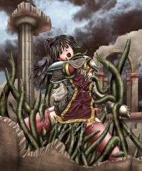 Rule 34 | 1girl, armor, black hair, breasts, defeat, faith (sbi), groping, knight, large breasts, long hair, monster, nipples, ponytail, rape, restrained, screaming, tears, tentacles, thighhighs, torn clothes, warrior