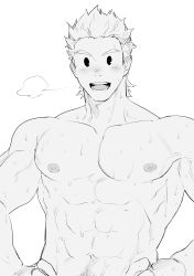 Rule 34 | 1boy, abs, absurdres, bara, blush, boku no hero academia, breath, greyscale, haiki (tegusu), hand on own hip, highres, large pectorals, looking at viewer, male focus, monochrome, muscular, navel, nipples, pectorals, topless male, smile, solo, togata mirio, upper body