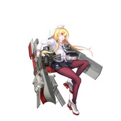 Rule 34 | 1girl, :o, anchor, anchor hair ornament, blonde hair, blue skirt, breasts, brown pantyhose, browning m1919, cannon, character name, eyebrows, full body, hair ornament, hat, jacket, long hair, long sleeves, looking at viewer, looking to the side, low-tied long hair, machinery, medium machine gun, official art, open mouth, pantyhose, pleated skirt, portland (warship girls r), red eyes, rudder footwear, sailor hat, seamed legwear, side-seamed legwear, skirt, small breasts, solo, text focus, transparent background, turret, warship girls r, white jacket, zi se