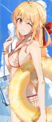 Rule 34 | 1girl, absurdres, bag, bikini, blonde hair, blue sky, blush, breasts, cloud, fortissimo, hair ornament, hair ribbon, highres, holding, holding bag, holding swim ring, hololive, hololive dev is, innertube, long hair, looking at viewer, medium breasts, musical note, musical note hair ornament, one eye closed, one side up, otonose kanade, red ribbon, ribbon, sky, smile, solo, swim ring, swimsuit, virgo76612871, virtual youtuber, yellow bikini, yellow eyes, yellow innertube