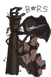Rule 34 | 10s, 1girl, arm cannon, bikini, bikini top only, black hair, black rock shooter, black rock shooter (character), blue eyes, boots, chain, glowing, glowing eyes, highres, long hair, midriff, navel, petsematary, rose4, shorts, solo, star (symbol), swimsuit, twintails, weapon