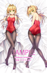 Rule 34 | 1girl, ahoge, ass, between legs, black pantyhose, blush, bow, braid, brand name imitation, breasts, clothes writing, collarbone, competition school swimsuit, competition swimsuit, cowboy shot, crown braid, dakimakura (medium), dress, earrings, embarrassed, fate/grand order, fate (series), feet, flower, from above, from behind, hair intakes, hairband, hand between legs, highres, jewelry, koyuki (kotatsu358), long hair, looking at viewer, looking back, lying, messy hair, multiple views, nero claudius (fate), nero claudius (fate) (all), nero claudius (swimsuit caster) (fate), nero claudius (swimsuit caster) (third ascension) (fate), no shoes, nose blush, on back, on stomach, one-piece swimsuit, open mouth, pantyhose, pantyhose under swimsuit, puffy sleeves, raised eyebrows, red one-piece swimsuit, rose, sample watermark, school swimsuit, small breasts, soles, strapless, strapless dress, sweat, swimsuit, tagme, thigh gap, toes, undressing, watermark, wavy mouth, white bow, white flower, white rose
