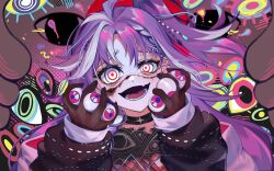 Rule 34 | 1girl, bags under eyes, black choker, black nails, black shirt, braid, braided bangs, choker, ear piercing, fang, gloves, grey eyes, highres, holding eyeball, joey ruvoa, long hair, long sleeves, looking at viewer, lower teeth only, michi mochievee, multicolored hair, one side up, open mouth, piercing, purple hair, red eyes, shirt, skin fang, smile, solo, stitched face, stitches, streaked hair, teeth, too many eyes, torn clothes, torn shirt, virtual youtuber, vshojo, white hair