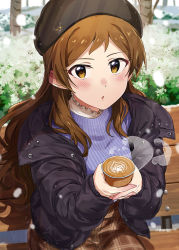 Rule 34 | 1girl, :o, ayano yuu (sonma 1426), bench, beret, black coat, black hat, blue sweater, blurry, blurry background, blush, brown eyes, brown skirt, bush, coat, cup, day, depth of field, hat, holding, holding cup, idolmaster, idolmaster million live!, interlocked fingers, kitazawa shiho, latte art, long hair, long sleeves, looking at viewer, open clothes, open coat, outdoors, parted lips, plaid, plaid skirt, ribbed sweater, shadow, sitting, skirt, solo, steam, sweater