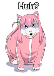 Rule 34 | 1girl, animal, animal ears, animal focus, animalization, bocchi the rock!, cat, cat ears, cube hair ornament, gotoh hitori, hair ornament, highres, hinghoi, huh? cat (meme), jacket, long hair, meme, open mouth, pink hair, pink jacket, pink track suit, side ahoge, sitting, solo, track jacket, white background