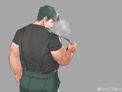 Rule 34 | 1boy, absurdres, back, bara, black hair, black shirt, facial hair, green overalls, grey background, highres, looking back, male focus, muscular, muscular male, original, overalls, shirt, short hair, sideburns, simple background, smile, solo, upper body, weibo 7540192405, weibo watermark