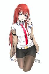 Rule 34 | 1girl, arm at side, artist request, black pantyhose, black shorts, blue eyes, blush, breast pocket, breasts, brown jacket, collared shirt, commentary, cropped legs, hand up, head tilt, jacket, long hair, long sleeves, makise kurisu, medium breasts, necktie, off shoulder, open clothes, open jacket, pantyhose, pantyhose under shorts, parted lips, pocket, red necktie, relaxjon, shirt, short shorts, shorts, sidelocks, signature, simple background, solo, steins;gate, straight hair, white background, white shirt, wing collar