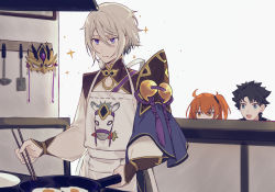 Rule 34 | 1girl, 2boys, apron, armor, black hair, blue eyes, blush, chinese armor, chinese clothes, chopsticks, cooking, csyday, egg (food), fate/grand order, fate (series), food, frying pan, fujimaru ritsuka (female), fujimaru ritsuka (male), grey hair, hair between eyes, male focus, mask, multiple boys, orange hair, prince of lan ling (fate), sunny side up egg, unworn mask, yellow eyes