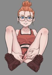 Rule 34 | 1girl, blue eyes, blush, breasts, glasses, grey background, looking at viewer, open clothes, original, pussy, sesese, short hair, simple background, solo, spread legs, uncensored