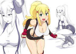 Rule 34 | 10s, 1girl, alternate eye color, arm support, armpits, arms up, bare shoulders, belt, black gloves, black skirt, blonde hair, blush, braid, breasts, cleavage, closed mouth, cosplay, crop top, darkness (konosuba), elbow gloves, final fantasy, final fantasy vii, fingerless gloves, gloves, green eyes, hair between eyes, hair ornament, hanging breasts, high ponytail, highres, kono subarashii sekai ni shukufuku wo!, large breasts, leaning forward, legs together, long hair, looking at viewer, looking to the side, lying, miniskirt, multiple views, navel, nose blush, on side, open mouth, parted lips, red gloves, shiny skin, shirt, shoes, sidelocks, sitting, sketch, skirt, smile, standing, suspenders, sweat, thighs, tifa lockhart, tifa lockhart (cosplay), tongue, ueyama michirou, white shirt, x hair ornament
