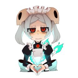 Rule 34 | 1girl, bloody marie (skullgirls), heart, heart hands, higa norio, looking at viewer, red eyes, short hair, silver hair, simple background, skull, skullgirls, solo, wavy mouth, white background