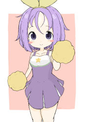 Rule 34 | 1girl, absurdres, bare arms, bare shoulders, blush stickers, breasts, brown background, cheerleader, closed mouth, commentary request, dress, feet out of frame, hair ribbon, highres, hiiragi tsukasa, looking at viewer, lucky star, medium breasts, pleated dress, pom pom (cheerleading), purple dress, purple eyes, purple hair, ribbon, rururu (pyrk8855), sleeveless, sleeveless dress, smile, solo, standing, thighs, two-tone background, white background, yellow ribbon