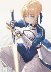 Rule 34 | 1girl, absurdres, aqua eyes, armor, armored dress, artoria pendragon (all), artoria pendragon (fate), blonde hair, blue dress, blue ribbon, braid, breastplate, dress, eichi (skskdi12z), excalibur (fate/stay night), fate/stay night, fate (series), faulds, gauntlets, glowing, glowing sword, glowing weapon, hair bun, hair ribbon, highres, holding, holding sword, holding weapon, juliet sleeves, long sleeves, looking at viewer, puffy sleeves, ribbon, ripples, saber (fate), short hair, sidelocks, single hair bun, solo, sword, water, weapon, wet, wet clothes, wet dress