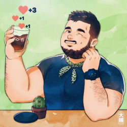 Rule 34 | 1boy, arm hair, bara, beard, biceps, blue shirt, cactus, closed mouth, commentary, cup, daisukebear, drinking glass, english commentary, facial hair, fat, fat man, green neckerchief, heart, holding, holding cup, karakusa (pattern), ko-fi logo, large pectorals, looking at viewer, male focus, mature male, muscular, muscular male, mustache, neckerchief, one eye closed, original, pectorals, plant, potted plant, shirt, short hair, smile, solo, t-shirt, upper body, watch, wristwatch