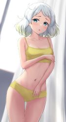 Rule 34 | 1girl, absurdres, blue eyes, blurry, blurry background, blush, breasts, collarbone, cowboy shot, gluteal fold, grey hair, highres, kantai collection, looking at viewer, monoku, natsugumo (kancolle), open mouth, panties, polka dot, polka dot panties, short hair, small breasts, solo, underwear, underwear only, yellow panties