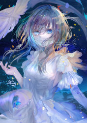 Rule 34 | 1girl, absurdres, blue eyes, blue nails, brown hair, chinese text, detached sleeves, dress, english text, frilled dress, frilled sleeves, frills, highres, light particles, long hair, looking at viewer, nail polish, original, parted lips, seisaiminty, sidelocks, solo, water, watermark, white dress