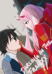 Rule 34 | 10s, 1boy, 1girl, absurdres, black bodysuit, black hair, bodysuit, couple, darling in the franxx, fringe trim, gloves, hand on another&#039;s face, hetero, highres, hiro (darling in the franxx), horns, long hair, looking at another, oni horns, pilot suit, pink hair, red bodysuit, red gloves, red horns, short hair, tanjw1, zero two (darling in the franxx)