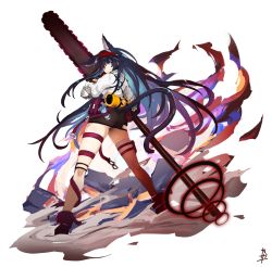Rule 34 | 1girl, animal ears, arknights, ass, black hair, blaze (arknights), blue eyes, cat ears, cat tail, chainsaw, dust cloud, from behind, hairband, highres, holding, holding weapon, kazana (sakuto), long hair, looking back, microskirt, red hairband, signature, single thighhigh, skirt, smile, solo, standing, tail, thighhighs, very long hair, weapon, white background