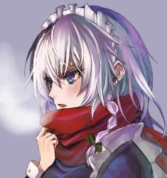 Rule 34 | blue eyes, braid, breath, commentary request, ear piercing, earrings, grey hair, hair ribbon, izayoi sakuya, jewelry, maid, maid headdress, open mouth, piercing, ribbon, scarf, simple background, solo, touhou, tsukasa (sntoriink)