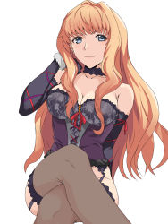 Rule 34 | 1girl, arm behind back, arm ribbon, black sleeves, blonde hair, blue eyes, breasts, brown thighhighs, chikkinage nage, cleavage, closed mouth, collarbone, detached sleeves, fur-trimmed sleeves, fur trim, garter belt, hand in own hair, highres, long hair, long sleeves, looking at viewer, macross, macross frontier, medium breasts, no panties, pantyhose, purple ribbon, red ribbon, ribbon, sheryl nome, simple background, sitting, smile, solo, thighhighs, very long hair, white background