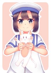 Rule 34 | 1girl, 1other, absurdres, animal, batsubyou, black hair, blue eyes, blue sailor collar, bob cut, cat, commentary request, daitou (kancolle), dress, hat, highres, holding, holding animal, holding cat, kantai collection, looking at viewer, pink background, sailor collar, sailor dress, sailor hat, short hair, short sleeves, sidelocks, suzuki suika, two-tone background, upper body, white dress, white headwear