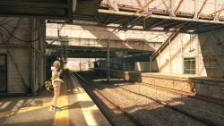 Rule 34 | 1girl, architecture, blonde hair, cable, headphones, highres, ikegami kouki, jacket, medium hair, original, outdoors, overpass, railroad tracks, shorts, solo, stairs, train station, train station platform, white footwear, white jacket, white shorts, wire, yellow bag