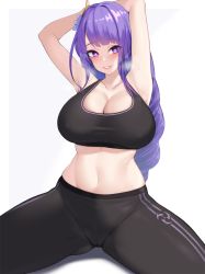 Rule 34 | 1girl, armpits, arms behind head, arms up, black pants, black sports bra, blunt bangs, breasts, cameltoe, cleavage, collarbone, commentary request, covered erect nipples, curvy, genshin impact, gluteal fold, grey background, hair ornament, heavy breathing, highres, kuavera, large breasts, long hair, looking at viewer, mole, mole under eye, navel, pants, parted lips, purple eyes, purple hair, raiden shogun, simple background, sitting, smile, solo, sports bra, spread legs, sweat, thick thighs, thighs, yoga pants