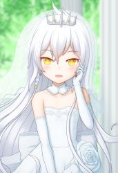 Rule 34 | 1girl, bare shoulders, blush, bridal veil, collarbone, detached collar, dress, earrings, elbow gloves, flat chest, gloves, hand on own cheek, hand on own face, highres, hilda (stella glow), jewelry, long hair, looking at viewer, offencearmor-0131, open mouth, solo, stella glow, tiara, upper body, veil, very long hair, wedding dress, white hair, yellow eyes