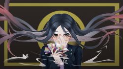 Rule 34 | 1girl, absurdres, black background, black eyes, black jacket, breasts, brown hair, commentary, covering own mouth, danganronpa (series), danganronpa v3: killing harmony, floating hair, glasses, highres, holding, jacket, large breasts, long hair, long sleeves, looking at viewer, multicolored hair, nail polish, pastahands, red nails, school uniform, shirogane tsumugi, shirt, solo, translation request, two-tone hair, upper body, white shirt