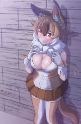 Rule 34 | 1girl, animal ears, blush, breasts, cleavage, dhole (kemono friends), dog ears, dog girl, dog tail, dress, fur collar, gm (ggommu), highres, kemono friends, kemono friends 3, large breasts, looking at viewer, no bra, open clothes, open shirt, partially unbuttoned, pleated skirt, shirt, skirt, sleeveless, sleeveless dress, solo, tail, thighhighs, unbuttoned