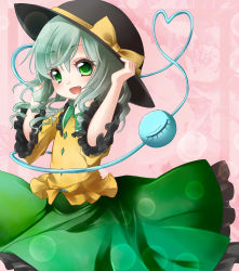 Rule 34 | 1girl, :d, aqua hair, bad id, bad pixiv id, colorized, drill hair, female focus, fuyuno taka, green eyes, hat, holding, holding clothes, holding hat, komeiji koishi, looking at viewer, open mouth, slit pupils, smile, solo, third eye, touhou
