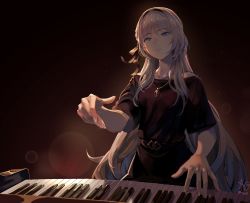 Rule 34 | 1girl, alternate costume, an-94 (girls&#039; frontline), black background, black dress, blue eyes, closed mouth, commentary, dress, english commentary, girls&#039; frontline, hair ribbon, hairband, highres, instrument, jewelry, light particles, long hair, music, necklace, niac, piano, piano keys, playing instrument, playing piano, ribbon, short sleeves, signature, silver hair, solo, very long hair