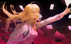 Rule 34 | 1girl, :o, ahoge, akamatsu kaede, arm up, backpack, bag, binxngchng1, blonde hair, breasts, collared shirt, commentary, danganronpa (series), danganronpa v3: killing harmony, fortissimo, grey shirt, hair ornament, highres, large breasts, long hair, long sleeves, messy hair, musical note, musical note hair ornament, necktie, orange necktie, pink eyes, pink vest, red background, shirt, solo, teeth, upper body, upper teeth only, vest