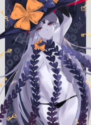 Rule 34 | 1girl, abigail williams (fate), abigail williams (third ascension) (fate), arm up, armpits, bare shoulders, black bow, black hat, black panties, bow, breasts, closed mouth, colored skin, fate/grand order, fate (series), forehead, hat, hip focus, key, keyhole, long hair, navel, orange bow, panties, parted bangs, red eyes, small breasts, solo, tentacles, thighs, third eye, underwear, white hair, white skin, witch hat, yuki maccha (yukimattya10)