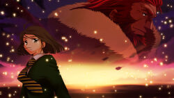 Rule 34 | 2boys, beard, cropped torso, crying, crying with eyes open, disappear, facial hair, fate/zero, fate (series), fur trim, ganson, iskandar (fate), light particles, looking to the side, male focus, multiple boys, necktie, night, night sky, official style, red hair, sad, sky, smile, sunrise, tears, thick eyebrows, turning head, upper body, waver velvet, wind