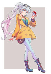 Rule 34 | 1girl, absurdres, bag, boots, collarbone, commentary request, cosplay, creatures (company), eyewear on head, game freak, grey background, heart, highres, holding, holding poke ball, iesupa, jacket, long hair, nintendo, poke ball, poke ball (basic), pokemon, pokemon swsh, rwby, scar, scar across eye, scar on face, side ponytail, simple background, solo, sonia (pokemon), sonia (pokemon) (cosplay), weiss schnee, white background, white hair, white legwear, yellow jacket