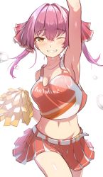 Rule 34 | 1girl, absurdres, arm up, armpits, bare shoulders, belt, blush, breasts, cheerleader, cleavage, clothes writing, collarbone, commentary request, cowboy shot, crop top, crop top overhang, flying sweatdrops, grin, hair ribbon, highres, holding, holding pom poms, hololive, houshou marine, long hair, looking at viewer, medium breasts, midriff, miniskirt, navel, one eye closed, parted lips, pink hair, pleated skirt, pom pom (cheerleading), pom poms, red ribbon, red shirt, red skirt, ribbon, shinroji, shirt, simple background, skirt, smile, solo, standing, sweat, teeth, virtual youtuber, white background, white belt, yellow eyes