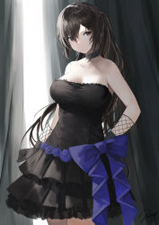 Rule 34 | 1girl, bare shoulders, black dress, black gloves, black hair, blue bow, blue flower, blue rose, bow, breasts, cleavage, closed mouth, collarbone, cowboy shot, curtains, dress, fishnets, flower, gloves, haori io, highres, large bow, large breasts, layered dress, long hair, looking at viewer, one side up, original, red eyes, rose, signature, solo, strapless, strapless dress, translation request, very long hair