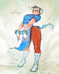 Rule 34 | 1girl, absurdres, alt text, blue dress, bracelet, brown eyes, brown hair, brown pantyhose, capcom, china dress, chinese clothes, chun-li, cross-laced footwear, double bun, dress, fighting stance, full body, hair bun, highres, jewelry, looking away, pantyhose, pelvic curtain, powering up, puffy short sleeves, puffy sleeves, quasimodox, sash, short hair, short sleeves, side slit, spiked bracelet, spikes, street fighter, white footwear, white sash