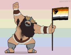 Rule 34 | 1boy, bara, bear flag, beard, big belly, body fur, bucc (buccaner98), chest tuft, dungeon meshi, dwarf, excessive armpit hair, facial hair, fake horns, fat, fat man, flag, flag background, full body, helmet, highres, holding, holding flag, horned helmet, horns, large hands, large pectorals, leaning to the side, lgbt pride, long beard, looking at viewer, male focus, muscular, muscular male, mustache, navel, navel hair, nipples, paw print, pectorals, pride month, rainbow flag, raised fist, senshi (dungeon meshi), solo, standing, thick mustache, thick navel hair, thighs, topless male, very long beard