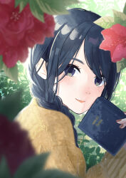 Rule 34 | 1girl, absurdres, black hair, blue eyes, blurry, blurry foreground, book, braid, brown sweater, closed mouth, eyelashes, flower, french text, from side, highres, holding, holding book, long hair, long sleeves, looking at viewer, miko35, original, red flower, smile, solo, sweater, translation request